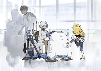 1girl 2boys alternate_universe backpack bag bags_under_eyes black_eyes black_hair blonde_hair blue_eyes contemporary curly_hair dark-skinned_male dark_skin denim driving dungeon_meshi elf fleki gapamopa gloves grey_hair highres indoors jeans kabru lazy_eye long_hair machine mask mithrun mouth_mask multiple_boys notched_ear pants pointy_ears sandals shirt short_hair stepping sweatdrop uneven_eyes wavy_hair