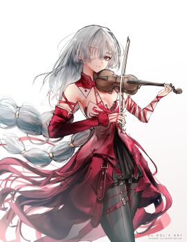 1girl artist_name bandage_over_one_eye bandaged_arm bandages bare_shoulders bell_sleeves black_pantyhose bow_(music) braid breasts cleavage closed_mouth commentary cowboy_shot detached_sleeves dols_art dress floating_hair grey_eyes grey_hair hair_between_eyes halter_dress halterneck hands_up high-low_dress highres holding holding_bow_(music) holding_instrument holding_violin instrument light_smile long_hair looking_at_viewer low_twin_braids medium_breasts music one_eye_covered pantyhose phrolova_(wuthering_waves) playing_instrument red_dress red_pupils red_sleeves simple_background single_detached_sleeve sleeveless sleeveless_dress solo split_mouth standing thigh_strap twin_braids very_long_hair violin white_background wuthering_waves