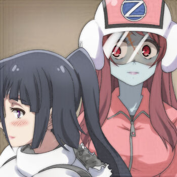 2girls backpack bag black_hair blush breasts brown_background colored_skin grey_skin headband helmet hood hooded_jacket jacket large_breasts long_hair long_sleeves looking_at_another minamoto_sakura multiple_girls pink_helmet pink_jacket ponytail purple_eyes red_eyes red_hair scar scar_on_face smile standing superhero_costume t_jiroo_(ringofriend) track_jacket track_suit upper_body white_jacket yamada_tae zombie zombie_land_saga