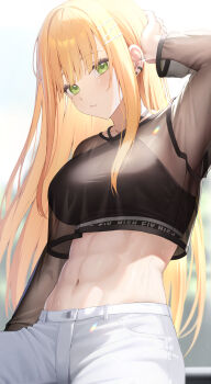 1girl abs absurdres arm_on_own_head arm_up black_sports_bra blonde_hair blurry blurry_background breasts closed_mouth commentary_request crop_top crop_top_overhang ear_piercing gakuen_idolmaster green_eyes hibimaru highres idolmaster long_hair looking_at_viewer medium_breasts muscular muscular_female navel orange_hair pants piercing see-through_clothes see-through_shirt shirt shiun_sumika solo sports_bra stomach sweat white_pants