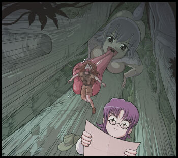3girls breast_press breasts brown_hair female_focus frog_girl giant giantess glasses karbo large_breasts long_tongue multiple_girls nude purple_hair tail tongue vore what