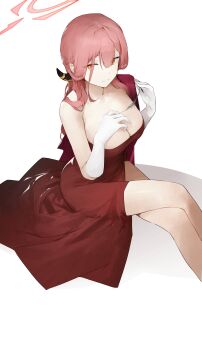 1girl absurdres aru_(blue_archive) aru_(dress)_(blue_archive) blue_archive breasts cleavage crossed_legs demon_horns dokshuri dress evening_gown feet_out_of_frame gloves halo highres holding holding_jewelry holding_necklace horns jacket jewelry large_breasts light_smile looking_at_viewer necklace official_alternate_costume pink_hair red_dress red_jacket simple_background single_bare_shoulder sitting solo strapless strapless_dress white_background white_gloves