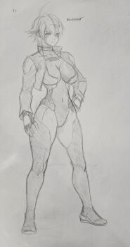 1girl artist_name boots breasts covered_navel fingerless_gloves gloves hand_on_own_hip highres jacket large_breasts legs leotard looking_at_viewer monochrome open_clothes open_jacket original serious short_hair sketch solo thighs traditional_media