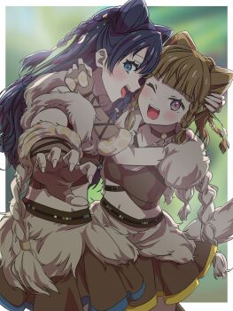 Rule 34 | 2girls, ;d, absurdres, blue eyes, blue hair, blue skirt, blurry, blurry background, blush, border, braid, braided sidelocks, brown gloves, brown hair, brown shirt, brown skirt, claw pose, commentary, cowboy shot, dollchestra, elbow gloves, fingerless gloves, fur-trimmed skirt, fur trim, gloves, green background, hand on another's head, highres, kachimachi kosuzu, layered skirt, link! like! love live!, long hair, looking at viewer, love live!, midriff, miniskirt, multiple girls, murano sayaka, myrain56991013, navel, one eye closed, open mouth, outside border, pink eyes, profile, reboot (love live!), shirt, side braids, skirt, smile, teeth, tongue, tongue out, upper teeth only, virtual youtuber, white border, yellow skirt