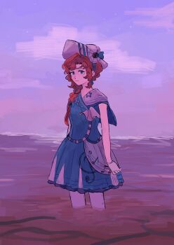 1girl :/ absurdres barcarola_(reverse:1999) beamed_sixteenth_notes blue_eyes blue_shirt blue_skirt cloud cowboy_shot dixie_cup_hat eighth_note gloves hat highres horizon long_braid looking_at_viewer military_hat miniskirt mogufuuri mole mole_under_eye musical_note musical_note_print ocean outdoors pantyhose purple_sky red_hair reverse:1999 sailor_collar shirt skirt sky sleeveless sleeveless_shirt solo standing treble_clef wading white_gloves white_hat white_pantyhose