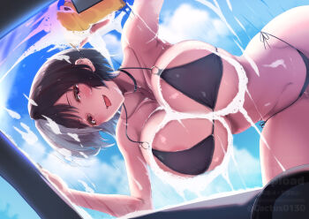1girl areola_slip artist_name barbell_piercing bikini black_bikini black_choker black_hair blue_sky blush bob_cut breast_press breasts car_interior choker collarbone commentary_request commission day ear_piercing earrings eyelashes hands_up holding holding_sponge huge_breasts industrial_piercing jewelry navel o-ring o-ring_bikini open_mouth original piercing pov saboten_teishoku short_hair side-tie_bikini_bottom skeb_commission sky soap_bubbles solo sponge stomach string_bikini stud_earrings swimsuit tongue tongue_out washing_vehicle watermark windshield