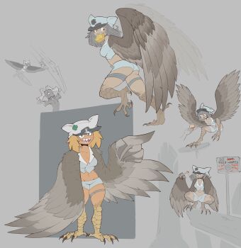 1boy 2girls absurdres ass bird_legs blonde_hair boobazaur breasts burger character_request cheese cleavage commentary dark-skinned_female dark_skin feather_fingers flying food freckles guilty_gear harpy hat highres huge_weapon long_hair looking_at_viewer medium_breasts monster_girl monsterification mouth_hold multiple_girls navel open_mouth orange_eyes ramlethal_valentine sharp_teeth short_shorts shorts simple_background sword talons teeth thigh_strap weapon