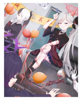 4girls :d absurdres accident arm_ribbon arm_up aru_(blue_archive) balloon bilingual_commentary birthday black_boots black_hair black_hoodie black_shirt blue_archive boots border cake cake_slice chinese_commentary commentary confetti demon_girl demon_horns desk dutch_angle ear_piercing eating english_commentary eyelashes food fork frilled_skirt frills full_body glass gloves grey_hair grey_halo grin hair_between_eyes halo hand_on_own_knee happy_birthday haruka_(blue_archive) hat high-waist_skirt highres holding holding_fork hood hood_down hoodie horns indoors kayoko_(blue_archive) knee_up light_blush long_hair long_ribbon looking_at_viewer mixed-language_commentary multicolored_hair multiple_girls mutsuki_(blue_archive) neck_ribbon on_desk open_mouth party party_hat photo_(object) piercing pink_ribbon plaid_clothes plaid_skirt pointy_ears ponytail problem_solver_68_(blue_archive) profile purple_eyes purple_hair red_halo red_ribbon red_skirt ribbon school_uniform shirt short_sleeves side_ponytail sidelocks sitting skirt sleeves_past_wrists smile solo_focus straight_hair sweatdrop swept_bangs tsurime two-tone_hair very_long_hair wavy_mouth white_border white_gloves white_hair wide_sleeves yuxue_(snoain_yyk)