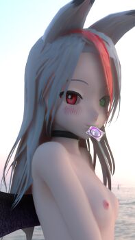 1girl 3d animal_ears blush breasts collar condom condom_in_mouth fox_ears fox_girl grey_hair hair_streak heterochromia highres looking_at_viewer mouth_hold nipples nude original self-upload sigmathefox small_breasts wings