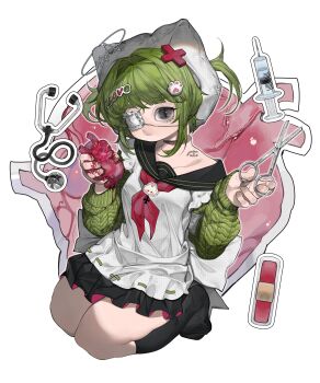 1girl absurdres black_eyes black_sailor_collar blood blood_on_hands blunt_bangs closed_mouth collarbone eyepatch full_body green_hair hair_intakes hair_ornament hat heart_(organ) highres holding holding_heart_(organ) holding_scissors long_hair long_sidelocks looking_at_viewer medical_eyepatch miao_miao1542010 neckerchief one_eye_covered original paw_hair_ornament red_neckerchief sailor_collar school_uniform scissors seiza sidelocks sitting solo syringe white_background white_hat