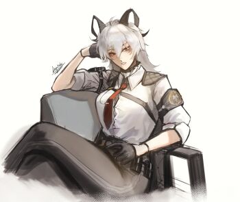 1girl absurdres animal_ear_request black_gloves breasts brown_eyes crossed_legs double-parted_bangs elbow_rest feet_out_of_frame gloves hair_between_eyes hand_on_own_head head_rest highres logicsterrr looking_at_viewer mullet necktie parted_lips red_necktie shirt shoulder_belt shoulder_pads sleeves_rolled_up solo white_hair white_shirt wuthering_waves zani_(wuthering_waves)