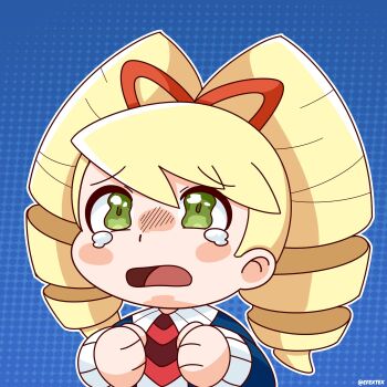 1girl absurdres artist_name blonde_hair blue_background bow chibi drill_hair efextex green_eyes hair_bow highres long_hair luna_platz_(mega_man) mega_man_(series) mega_man_star_force_(series) open_mouth orange_bow tears twin_drills