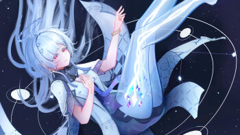 1girl absurdres breasts colored_eyelashes commentary dress earrings english_commentary grey_hair hair_ornament halo highres id_card jacket jewelry long_hair mornye_(wuthering_waves) morted_art outdoors outstretched_arm parted_lips purple_dress red_eyes see-through_body sky small_breasts solo star_(sky) starry_sky triangle_earrings white_jacket wuthering_waves