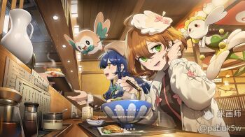 Rule 34 | 2girls, ahoge, artist name, beret, black shirt, blue hair, bow, bowl, bowtie, brown hair, brown hat, brown jacket, chopsticks, coat, collared shirt, cup, drooling, eating, flabebe, food, gen 6 pokemon, gen 7 pokemon, giving, green bow, green bowtie, green eyes, hair between eyes, hat, highres, holding, holding chopsticks, holding tray, jacket, long hair, long sleeves, medium hair, mihuashi logo, multiple girls, nintendo, noodles, open clothes, open coat, open mouth, original, pabuk5w, pokemon, pokemon (creature), ramen, restaurant, rowlet, shirt, shrimp, shrimp tempura, smile, tempura, tray, tucking hair, turtleneck, turtleneck shirt, watermark, white coat, white shirt, yellow eyes, yunomi