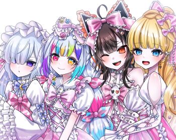ahoge animal_ear_headphones animal_ears black_hair blonde_hair blue_eyes bow cat_ear_headphones cat_ears choker commentary dress fake_animal_ears frilled_dress frilled_sleeves frills hair_over_one_eye hairband hat headphones heterochromia highres jogasaki_noah karaoke_manekineko lolita_fashion lolita_hairband long_hair long_sleeves mahou_shoujo_no_majo_saiban mole mole_under_eye multi-tied_hair multicolored_hair multiple_girls natsume_an-an official_alternate_costume open_mouth orange_eyes purple_eyes red_eyes ribbon saeki_miria sawatari_coco sharp_teeth simple_background smile streaked_hair sweet_lolita teeth untranslatable_commentary usgpeace white_background white_choker white_hair yellow_eyes
