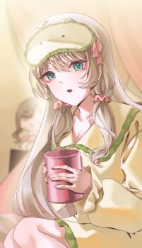 1girl aegyo_sal ak-12_(girls&#039;_frontline) alternate_costume an-94_(girls&#039;_frontline) aqua_eyes artist_collaboration bedroom blouse blurry blurry_background cameo character_doll commentary_request cowboy_shot cup doll expressionless frilled_shirt_collar frilled_shorts frilled_sleeves frills girls&#039;_frontline greatyoruka63 hair_ornament hair_scrunchie highres holding holding_cup indoors korean_commentary low-tied_sidelocks mug on_bed pajamas parted_lips pink_scrunchie scrunchie shirt shorts sidelocks sitting sleep_mask solo two-handed white_hair yellow_pajamas yellow_shirt yellow_shorts yokozuwari