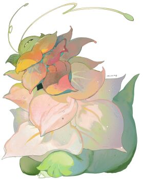 antennae closed_mouth colored_skin flower full_body gen_2_pokemon green_skin highres kamikiririp long_neck mega_meganium mega_pokemon meganium nintendo no_humans pokemon pokemon_(creature) pokemon_focus sauropod simple_background smile solo tail white_background yellow_eyes