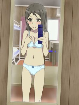 10s 1girl bed black_hair blush bow bow_panties bra brown_eyes bunk_bed cellphone curtains dom_(jiromike2000) female_focus flip_phone hanasaku_iroha heart long_hair looking_at_viewer mirror navel panties phone reflection selfie solo standing tagme tsurugi_minko underwear underwear_only white_bra white_panties window