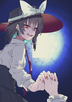 2girls absurdres alternate_eye_color black_hair black_hat black_skirt bow collar dress frills hair_between_eyes hair_bow hat hat_bow highres holding_hands interlocked_fingers large_bow long_sleeves looking_at_another maribel_hearn moon multiple_girls muraryo nail_polish necktie night open_mouth purple_dress red_eyes red_nails shirt short_hair skirt sleeve_cuffs smile solo_focus teeth touhou upper_teeth_only usami_renko white_bow white_collar white_shirt wide_brim yuri