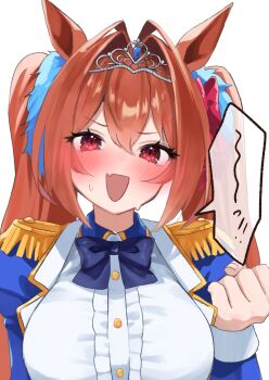 1girl animal_ears black_bow black_bowtie blush bow bowtie breasts brown_hair center_frills clenched_hand commentary daiwa_scarlet_(peak_blue)_(umamusume) daiwa_scarlet_(umamusume) epaulettes fang framed_breasts frills hair_between_eyes hair_intakes hair_ornament highres horse_ears horse_girl juliet_sleeves large_breasts long_hair long_sleeves looking_at_viewer open_mouth puffy_sleeves red_eyes shirt simple_background skindentation smile solo speech_bubble sweat symbol-only_commentary tiara twintails umamusume underbust upper_body v-shaped_eyebrows very_long_hair white_background white_shirt yamaro_(yamaro0)