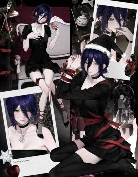 1girl aiomita bare_shoulders black_choker black_dress black_hair black_leggings black_shirt black_shoes bound bound_wrists chainsaw_man choker closed_mouth collar couch cupcake denji_(chainsaw_man) dress english_text explosive floral_bow food fork gift_wrapping green_eyes grenade grenade_pin hair_between_eyes hair_bun hat heart_ornament high_heels highres holding holding_food holding_snow_globe in_snow_globe jewelry knife lace_socks leggings long_sleeves looking_at_viewer necklace on_couch pine_tree polaroid_photo purple_hair reze_(chainsaw_man) ribbon santa_hat shirt shoes short_hair short_sleeves sleeveless smile snow_globe snowflake_ornament tree white_collar