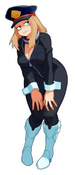 1girl absurdres black_bodysuit blonde_hair bodysuit boku_no_hero_academia boots breasts brown_eyes catsuit cleavage collar commentary commission english_commentary hat highres large_breasts latex latex_bodysuit leaning_forward long_hair long_sleeves open_bodysuit open_clothes partially_unzipped peaked_cap simple_background skin_tight solo superhero_costume unzipped utsushimi_kemii werfmight white_background white_boots wrist_cuffs