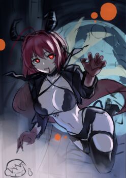 1boy 1girl ahoge blood blood_from_mouth breasts chibi chibi_inset glowing glowing_eyes hair_intakes halloween halloween_costume horns kagami_sumika large_breasts long_hair looking_at_viewer muv-luv navel open_mouth ponytail red_eyes red_hair shirogane_takeru solo_focus takasata_takina thumbs_up vampire_costume very_long_hair