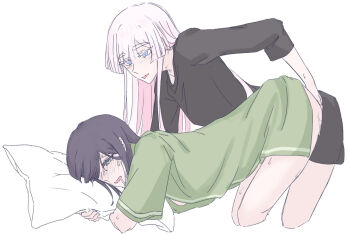 2girls black_shirt blue_eyes blush chinese_commentary cho_kaguya-hime! commentary_request fingering fingering_from_behind green_eyes green_shirt heart heart-shaped_pupils highres hugging_object long_hair multiple_girls parted_lips pillow pillow_hug pink_hair purple_hair pussy_juice runami_yachiyo sakayori_iroha saliva shirt sweat symbol-shaped_pupils tafnutou tears yuri