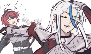 Rule 34 | 1boy, 1girl, commentary, english commentary, hair slicked back, hand in own hair, highres, meme, multicolored hair, naoya hitting choso without looking (meme), parody, rapid punches, red hair, scene reference, slapping, streaked hair, sumino takumi, the hundred line -last defense academy-, v'ehxness, white background, white hair, yan (keisaiins)