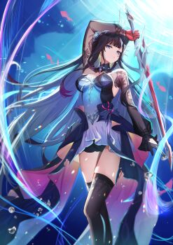 1girl air_bubble arm_up asymmetrical_gloves black_gloves black_hair black_thighhighs blue_eyes breasts bubble commentary dress fish floating_hair gao_kawa gloves highres holding holding_sword holding_weapon honkai:_star_rail honkai_(series) hysilens_(honkai:_star_rail) jewelry lens_flare light_particles light_rays light_trail long_hair long_sleeves looking_at_viewer medium_breasts mismatched_gloves multicolored_dress necklace ocean parted_lips pearl_necklace purple_dress red_gloves see-through_clothes see-through_sleeves shrug_(clothing) sidelocks solo sword thighhighs thighs two-sided_dress two-sided_fabric underwater very_long_hair water weapon