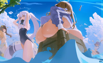 4girls absurdres ahoge arms_behind_head arms_up artist_name ass ass_focus bikini bikini_bottom_only black_bikini black_hair black_ribbon blue_archive blue_halo blue_hoodie blue_one-piece_swimsuit blue_sky bow box braid branch breasts brown_hair bubble bucket_hat casual_one-piece_swimsuit cloud commentary_request covered_navel crop_top crop_top_overhang cropped_hoodie cumulonimbus_cloud day facing_away frilled_one-piece_swimsuit frills from_below glint green_halo grey_eyes grey_hair grey_halo hair_ribbon halo hands_up hat hat_on_back highres hood hoodie huge_breasts innertube jacket large_breasts leaf leaf_on_head leaf_print long_hair long_sleeves looking_at_viewer miyako_(blue_archive) miyako_(swimsuit)_(blue_archive) miyu_(blue_archive) miyu_(swimsuit)_(blue_archive) moe_(blue_archive) moe_(swimsuit)_(blue_archive) mouth_hold multicolored_jacket multiple_girls nike_(nike1060) ocean off-shoulder_one-piece_swimsuit off_shoulder official_alternate_costume on_box one-piece_swimsuit open_mouth outdoors ponytail print_bikini purple_eyes rabbit_platoon_(blue_archive) raglan_sleeves rash_guard red_eyes ribbon saki_(blue_archive) saki_(swimsuit)_(blue_archive) short_hair sidelocks sitting sitting_on_box sky small_breasts standing stick_grenade stomach straw_hat swim_ring swimsuit thighs thong_bikini tree twintails two-tone_jacket underboob very_long_hair wading water waves white_bikini white_hair yellow_halo