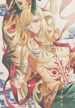 1boy abs aqua_eyes armlet black_hands blonde_hair chinese_commentary claws closed_mouth colored_extremities colored_tips commentary_request demon_horns dunhuang_style gold_armlet gold_necklace green_hair green_horns green_sash half-closed_eyes hand_up highres holding holding_ribbon horns in_tree jewelry lars_rorschach lars_rorschach_(myths_wonders) linke long_hair looking_at_viewer lovebrush_chronicles male_focus mark_under_both_eyes multicolored_hair necklace pectorals red_ribbon ribbon sash sideways_glance sitting sitting_in_tree smile solo stomach_tattoo swept_bangs tattoo toned toned_male topless_male tree upper_body waist_sash white_background xiangyun