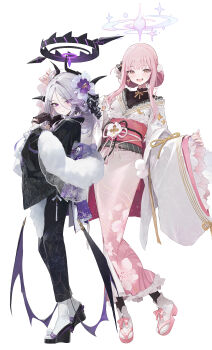 2girls absurdres ahoge alternate_costume alternate_hairstyle black_gloves black_kimono black_sandals blue_archive closed_mouth demon_horns demon_wings flower gloves grey_hair hair_flower hair_ornament highres hina_(blue_archive) horns japanese_clothes kimono lace lace_gloves long_hair long_sleeves looking_at_viewer mika_(blue_archive) modare multiple_girls obi open_mouth pink_hair pink_kimono pink_sandals purple_eyes sandals sash short_hair simple_background socks standing tabi white_background white_socks wide_sleeves wings