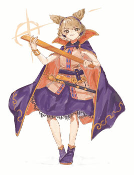 1girl blue_cape blue_skirt cape earmuffs green_eyes green_hair green_shirt hands_up highres holding_baton looking_at_viewer oftooon parted_lips ritual_baton shirt short_hair simple_background skirt sleeveless sleeveless_shirt smile solo toyosatomimi_no_miko white_background