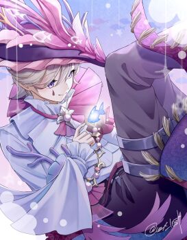 Rule 34 | 1boy, artist name, ascot, black pants, blonde hair, brooch, closed mouth, commentary, facial mark, fish, frilled shirt, frilled shirt collar, frilled sleeves, frills, genshin impact, hair between eyes, hand up, hat, highres, index finger raised, jewelry, kuromuru, long sleeves, lyney (genshin impact), lyney (tapestry of night) (genshin impact), male focus, multicolored hair, official alternate costume, pants, purple eyes, purple hat, red streaks, shirt, short hair, smile, solo, split mouth, streaked hair, swept bangs, tassel, teardrop facial mark, thigh strap, twitter username, untranslatable commentary, white shirt, wide sleeves