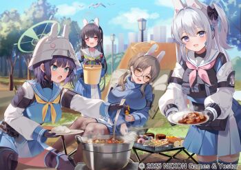 4girls black_gloves black_hair blue_archive blue_eyes blue_sailor_collar blue_skirt blue_sky breasts brown_hair camping cloud commentary_request food gloves halo highres holding holding_plate kanda_done large_breasts long_hair long_sleeves looking_at_viewer miyako_(blue_archive) miyu_(blue_archive) moe_(blue_archive) multiple_girls neckerchief official_art open_mouth outdoors plate purple_eyes purple_hair rabbit_platoon_(blue_archive) red_eyes sailor_collar saki_(blue_archive) short_hair skirt sky smile white_hair white_sailor_collar yellow_neckerchief