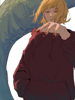 1girl androgynous blonde_hair blood blood_drip chainsaw_man closed_mouth commentary_request drawstring expressionless hand_in_pocket highres hood hood_down hoodie long_sleeves looking_at_viewer missing_fingernails null_(skev7724) red_eyes red_hoodie sawatari_akane_(chainsaw_man) short_hair solo upper_body white_background