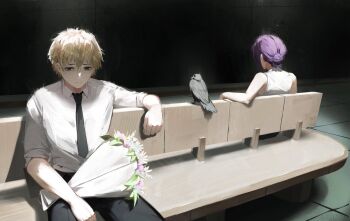 black_necktie bouquet chainsaw_man collared_shirt commentary denji_(chainsaw_man) english_commentary flower formal_clothes hair_bun holding holding_flower necktie pink_flower reze_(chainsaw_man) shirt shirt_tucked_in single_hair_bun sitting sleeveless white_flower white_shirt woijoi