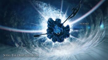 artist_name asymmetrical_dual_wielding axe baloolax bardiche_(weapon) blue_hair dual_wielding english_text fiery_hair flying highres holding holding_axe holding_weapon hololive hoshimachi_suisei incoming_attack monster_girl polearm solo_focus virtual_youtuber weapon white_eyes