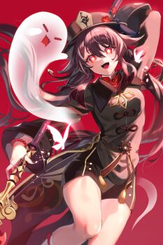 1girl absurdres bead_bracelet beads black_coat black_nails black_shorts boo_tao_(genshin_impact) bracelet brown_hat chinese_clothes coat commentary_request cowboy_shot facing_viewer flower-shaped_pupils genshin_impact ghost hat highres hijiri_(sacra_0419) holding holding_polearm holding_weapon hu_tao_(genshin_impact) jewelry long_hair nail_polish open_mouth partial_commentary polearm porkpie_hat red_background red_eyes red_shirt revision ring shirt shorts simple_background smile socks solo staff_of_homa_(genshin_impact) symbol-shaped_pupils tailcoat teeth twintails upper_teeth_only weapon white_socks