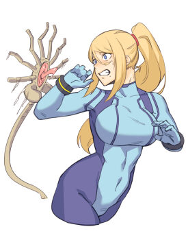 1girl alien_(1979) alien_(series) blonde_hair blue_bodysuit blue_eyes blue_gloves blush bodysuit breasts covered_navel cropped_legs dyun facehugger gloves hair_between_eyes hands_up highres large_breasts metroid mole mole_under_mouth nintendo ponytail samus_aran scared simple_background solo super_smash_bros. white_background wide-eyed zero_suit