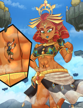 1boy 1girl abs absurdres blonde_hair bracelet breasts dakunart dark-skinned_female dark_skin female_focus floating_island gerudo giant giantess green_eyes highres jewelry link lipstick makeup medium_breasts medium_hair mountain muscular muscular_female navel nintendo pointy_ears red_hair riju the_legend_of_zelda the_legend_of_zelda:_tears_of_the_kingdom thick_thighs thighs