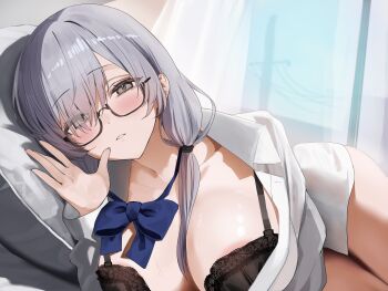 1girl absurdres bed bed_sheet black_bra blue_bow blue_bowtie blush bow bowtie bra breasts cleavage collarbone collared_shirt curtains day glasses grey_eyes grey_hair hair_between_eyes hair_over_shoulder highres indoors large_breasts large_variant_set long_sleeves looking_at_viewer lying on_bed on_side oreazu original parted_lips pillow power_lines school_uniform shirt solo thighs underwear utility_pole variant_set white_shirt window