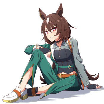 Rule 34 | 1girl, animal ears, arm support, asymmetrical footwear, belt, black choker, black gloves, black shirt, breasts, brown belt, brown hair, brown shoes, choker, commentary request, ear ornament, fingerless gloves, full body, gloves, green jacket, green pants, grey jacket, hiro (pqtks113), horse ears, horse girl, horse tail, indoors, jacket, large breasts, long hair, looking at viewer, midriff peek, mismatched footwear, multicolored hair, multicolored jacket, pants, pendant choker, shadow, shirt, shoes, simple background, sirius symboli (umamusume), sitting, smile, solo, streaked hair, tail, two-tone jacket, umamusume, very long hair, white background, white hair, white shoes