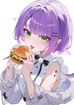 1girl absurdres bandaid bandaid_on_arm bandaid_on_hand barbell_piercing black_bow black_bowtie bow bowtie burger cardigan cardigan_partially_removed collared_shirt commentary demon_girl demon_wings ear_chain ear_piercing english_commentary food frilled_shirt frilled_sleeves frills gradient_hair green_eyes grey_cardigan hair_ornament hairclip hands_up highres holding holding_burger holding_food hololive industrial_piercing kkato linked_piercing looking_at_viewer multicolored_hair official_alternate_costume official_alternate_hair_length official_alternate_hairstyle open_mouth parallel_hairclips piercing pink_hair pointy_ears pom_pom_(clothes) purple_hair shirt short_hair short_sleeves simple_background solo spiked_ear_piercing swept_bangs tokoyami_towa tokoyami_towa_(jirai_kei) tongue tongue_out upper_body virtual_youtuber white_background white_shirt wings