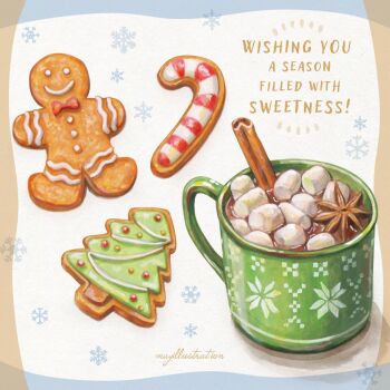 candy candy_cane cinnamon_stick cookie cup food food_focus gingerbread_cookie gingerbread_man hot_chocolate marshmallow may_illust5 mug no_humans original snowflake_background