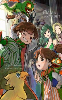 3girls 4boys akatamanegi_ill anniversary armor black_armor blonde_hair blue_cape bluesky_username book breasts brother_and_sister brown_eyes brown_hair cain_highwind cape cecil_harvey chest_jewel chocobo circlet cleavage closed_mouth commentary_request creature creature_on_shoulder dated dress earrings edward_geraldine final_fantasy final_fantasy_iv gloves green_cape green_dress green_hair grey_hair grin hair_bobbles hair_ornament hand_on_own_hip hand_to_own_mouth helmet highres holding holding_book holding_staff indoors jewelry long_hair mask medium_breasts mouth_mask multiple_boys multiple_girls on_shoulder open_mouth palom pants parted_bangs ponytail porom rosa_farrell rydia_(adult)_(ff4) rydia_(ff4) short_hair shoulder_spikes siblings smile spikes staff striped_clothes striped_pants sunlight teeth twins twitter_username white_gloves window