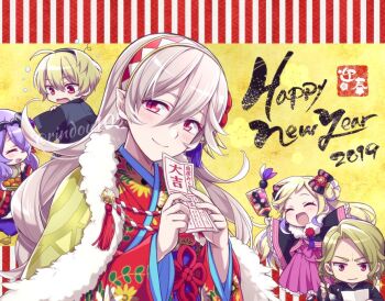 2019 2boys 3girls alternate_hairstyle black_hairband blonde_hair bow brother_and_sister brothers camilla_(fire_emblem) camilla_(holiday_traveler)_(fire_emblem) closed_eyes closed_mouth female_corrin_(fire_emblem) elise_(fire_emblem) fire_emblem fire_emblem_fates fire_emblem_heroes fur_trim hagoita hair_bow hair_over_one_eye hairband happy_new_year hiyori_(rindou66) japanese_clothes kimono leo_(fire_emblem_fates) long_hair long_sleeves multicolored_hair multiple_boys multiple_girls new_year nintendo obi open_mouth paddle pointy_ears purple_hair red_eyes sash short_hair siblings sisters slit_pupils smile tiara twintails twitter_username white_hair wide_sleeves xander_(fire_emblem)