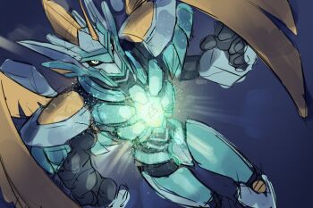 Rule 34 | 10 09hwan, armor, chest jewel, cowboy shot, dark background, digimon, digimon (creature), green armor, highres, horns, simple background, single horn, wings, yellow wings, zephagamon