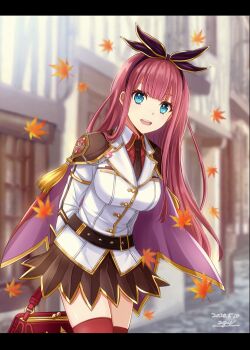 1girl 20nigu arms_behind_back bag blazer blue_eyes blurry blurry_background bow bow_hairband breasts brown_bow brown_cape brown_hairband brown_necktie brown_skirt cape collared_shirt commentary_request cowboy_shot dated falling_leaves genetic_(ragnarok_online) hairband holding holding_bag house jacket leaf leaning_forward letterboxed long_hair looking_at_viewer maple_leaf medium_breasts miniskirt necktie official_alternate_costume open_mouth outdoors pink_hair purple_cape ragnarok_online red_shirt red_thighhighs shirt skirt smile solo thighhighs two-sided_cape two-sided_fabric white_jacket